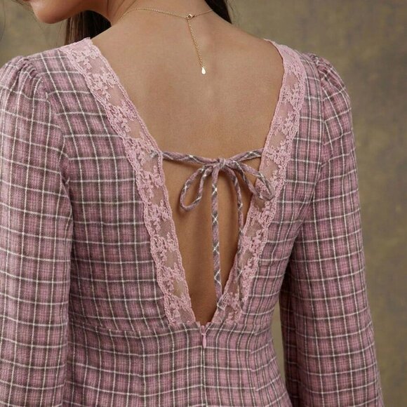 Baby Pink Elegant Women's Boho Embroidered Plaid Mini Dress - Picture 6 of 6